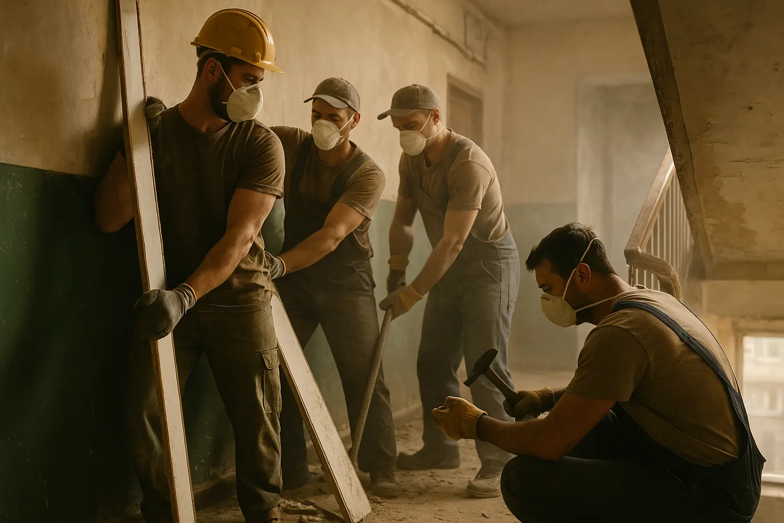 Неочевидные последствия сноса: как потеря идеального пространства влияет на людей рабочие в респираторах снимают панели